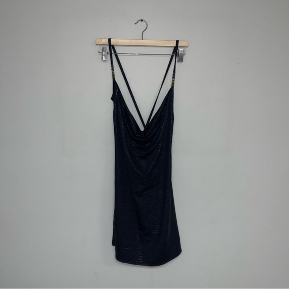COOGI Swim Cover Up Dress Women's Size Large Black Shiny Cross Over Mini Vintage - Picture 3 of 7